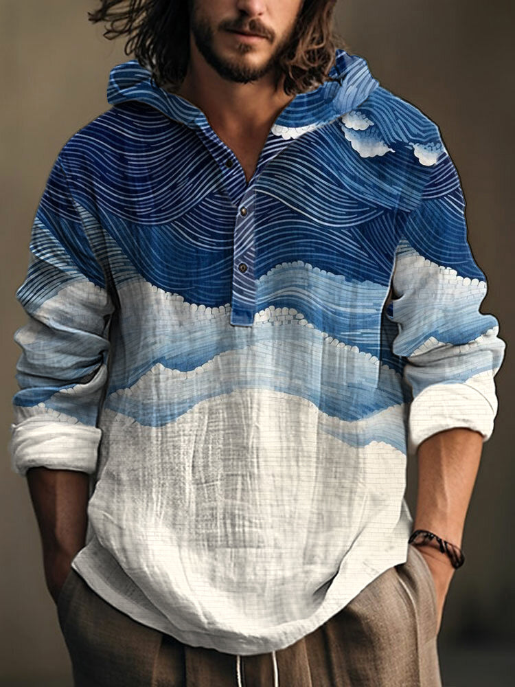 Blue Wave Hooded Shirt – Japanese Cloud Linen Hoodie Shirt