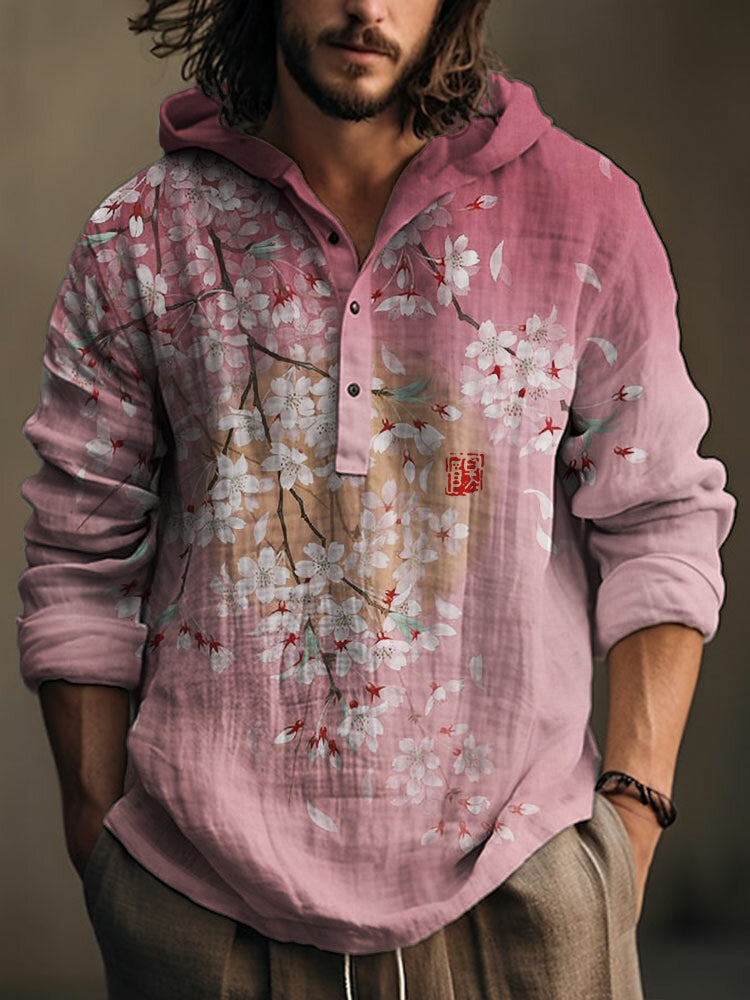 Floral Hooded Linen Shirt – Vintage Pink Sakura Pullover Hoodie Shirt