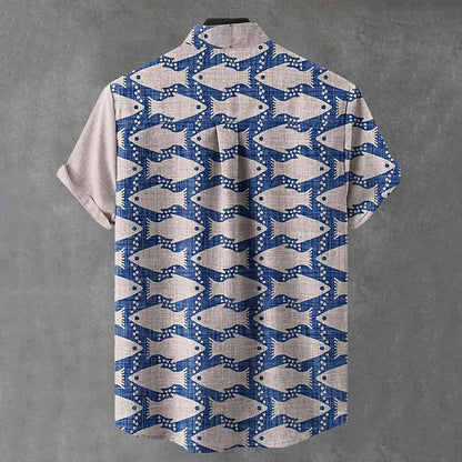 Vintage Fish Print Linen Shirt – Split Design Short Sleeve Casual Shirt
