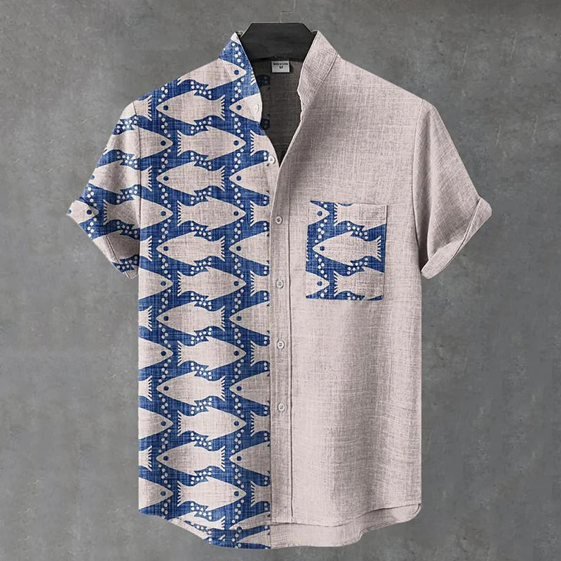 Vintage Fish Print Linen Shirt – Split Design Short Sleeve Casual Shirt