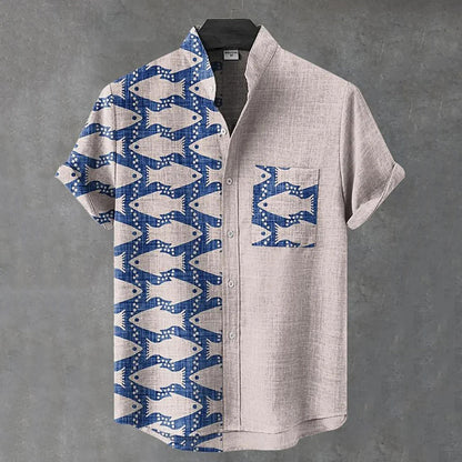 Vintage Fish Print Linen Shirt – Split Design Short Sleeve Casual Shirt