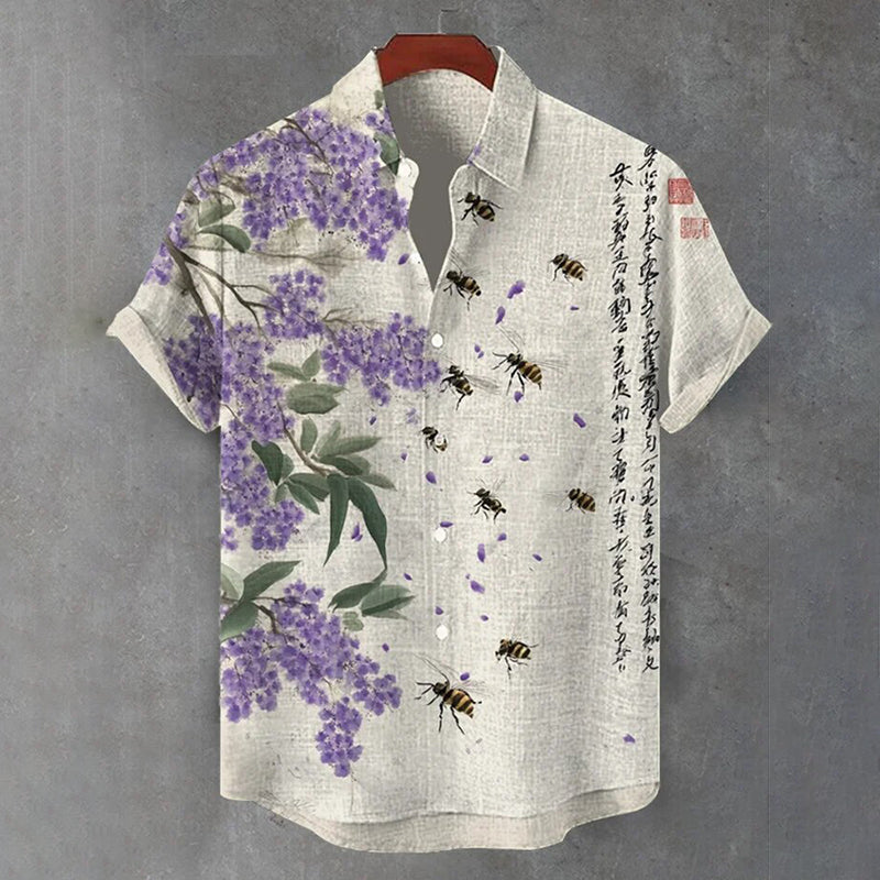 Floral Bee Print Linen Shirt – Vintage Asian Art Short Sleeve Shirt