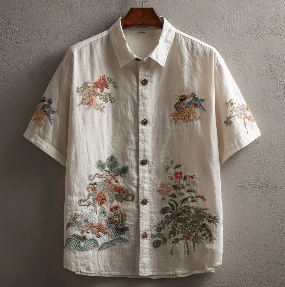 White Embroidered Linen Shirt – Vintage Bird & Floral Short Sleeve Button-Up